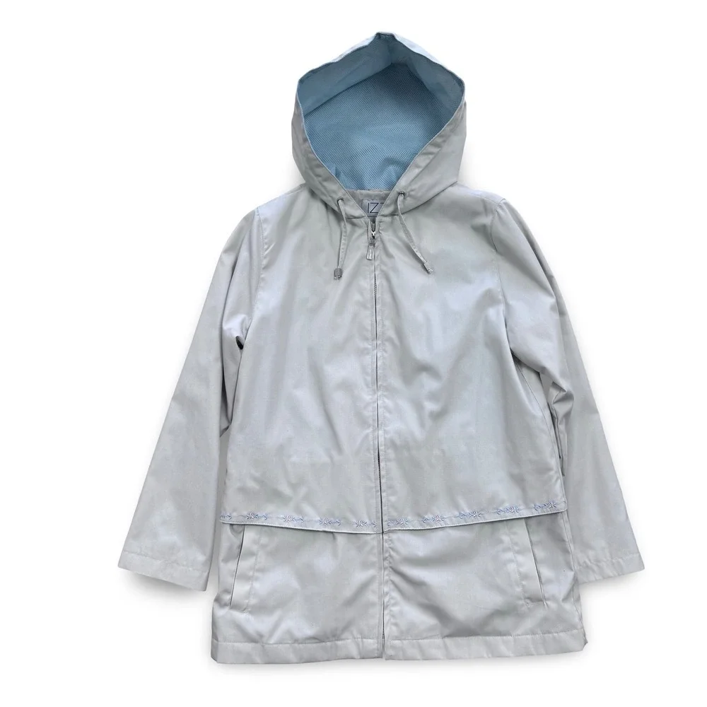 IZZI Women Stone Beige Hooded Windbreaker Jacket Floral Embroidery Small